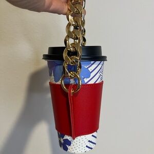 Red Leather Cup Holder with Gold Chain